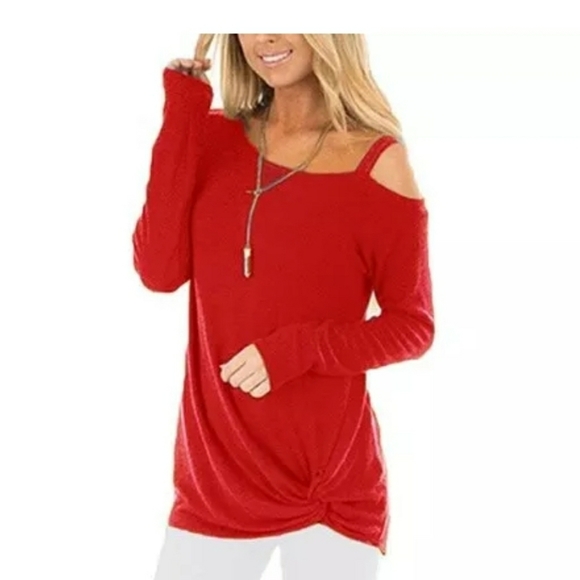 Cherry red long sleeve cold Shoulder knot top med - Picture 1 of 6